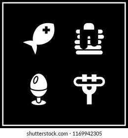 cooked icon. 4 cooked vector set. fish, boiled egg, pancake and sausage icons for web and design about cooked theme