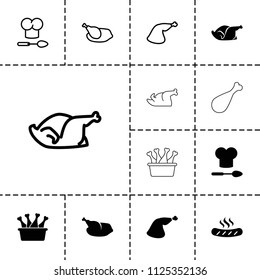 Cooked icon. collection of 13 cooked filled and outline icons such as chicken, meat leg, chef hat and spoon, chicken leg. editable cooked icons for web and mobile.