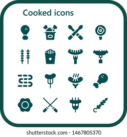 cooked icon set. 16 filled cooked icons.  Collection Of - Fried chicken, Drumsticks, Fried egg, Skewers, French fries, Sausage, Sausages, Chicken leg, Skewer