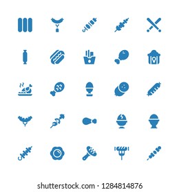 cooked icon set. Collection of 25 filled cooked icons included Brochette, Sausage, Fried egg, Skewer, Boiled egg, Chicken leg, Roast chicken, Fried chicken, French fries, Drumsticks