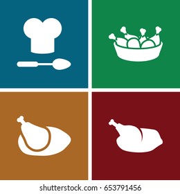 Cooked icons set. set of 4 cooked filled icons such as chicken leg, chicken