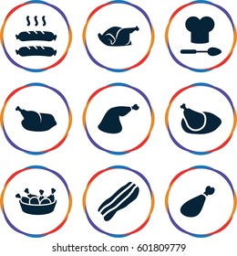 cooked icons set. Set of 9 cooked filled icons such as chicken leg, chicken, meat leg, sausage, bacon