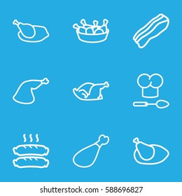 cooked icons set. Set of 9 cooked outline icons such as chicken leg, chicken, meat leg, sausage, bacon