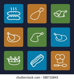 cooked icons set. Set of 9 cooked outline icons such as chicken leg, chicken, meat leg, sausage, bacon