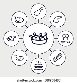 cooked icons set. Set of 9 cooked outline icons such as chicken leg, chicken, meat leg, sausage, bacon