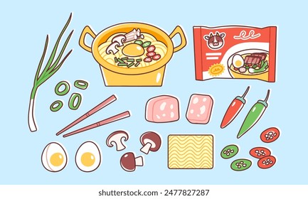 Cooked instant ramen in a golden pot. Vector illustration of Asian noodles and additional ingredients, such as eggs, mushrooms, scallions, chili and ham. Quick and tasty dinner in colorful flat style.