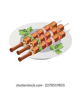 Cooked kebab with vegetables on skewers on plate 3d isometric vector illustration