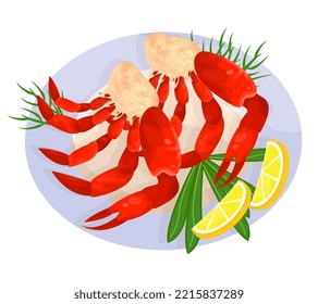 Cooked lobster on the dish isolated. Prepared crab in the restaurant menu. Delicacy, healthy seafood. Flat vector illustration.