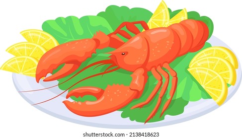 Cooked lobster on plate. Cartoon seafood serving dish isolated on white background