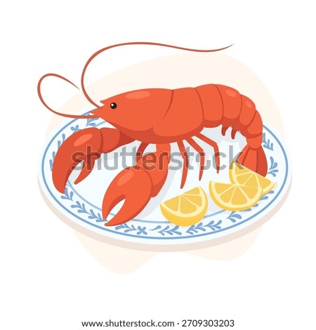 Cooked lobster served on decorated plate with lemon slices, lobster highlighted in bright modern style, tasty seafood scene supporting culinary themes