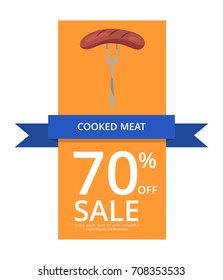 Cooked meat 70% off sale, consisting picture of sausage on fork and space for text vector illustration isolated on white background.