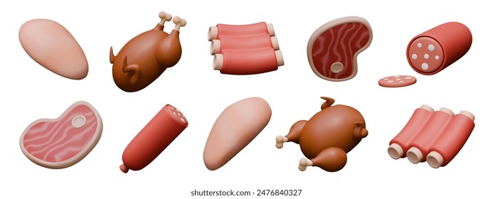 Cooked meat dishes and raw ingredients in 3D style. Fillet, fried chicken, ribs, steak, sausage