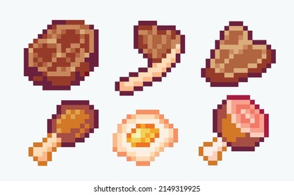 Cooked meat pixel art set. Beef, pork steaks, chicken leg, scrambled eggs, ham collection. 8-bit sprite. Game development, mobile app.  Isolated vector illustration.