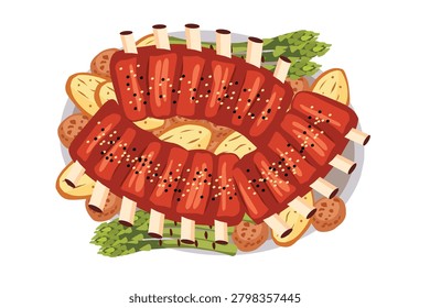 Cooked meat skewers served with roasted potatoes, garlic, and fresh greens on a white plate.