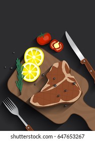 Cooked meat t-bone steak on serving board with tomatoes, lemon, rosemary and spices, Paper cut concept.
