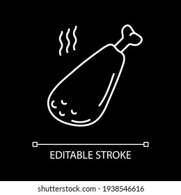 Cooked meat white linear icon for dark theme. Barbecue cookery. Pork leg. Chicken thigh. Thin line customizable illustration. Isolated vector contour symbol for night mode. Editable stroke