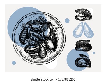 Cooked mussels with herbs on plate illustration. Shellfish and seafood restaurant design element. Hand drawn mussels sketch isolated on vintage background. For menu, recipes, logos, flyer, invitation.