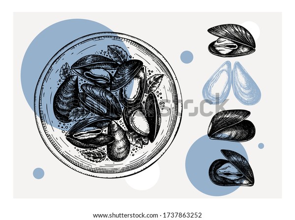 Cooked mussels with herbs on plate\
illustration. Shellfish and seafood restaurant design element. Hand\
drawn mussels sketch isolated on vintage background. For menu,\
recipes, logos, flyer,\
invitation.
