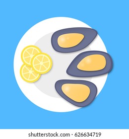Cooked mussels on plate in flat style on blue background