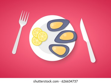 Cooked mussels on plate with fork and knife, on red background