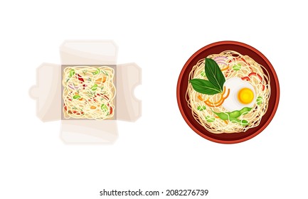 Cooked Noodle Served in Bowl and Garnished with Herbs and in Cardboard Box Above View Vector Set