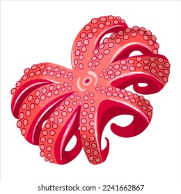 Cooked octopus with tentacles in a spread isolated on white background. Healthy food, marine protein diet. Fresh seafood octopus with opened red tentacle. Sea squid cartoon icon. Vector illustration