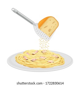 Cooked Pasta Carbonara with Bacon Slices Served on Plate and Cheese Dressing Vector Illustration