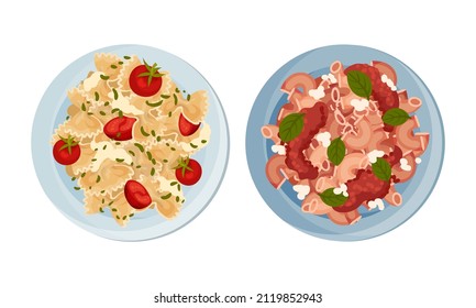 Cooked pasta dishes set. Top view of pasta with tomato and beans served on plates vector illustration