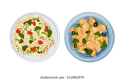 Cooked pasta dishes set. Top view of pasta with vegetables served on plates vector illustration