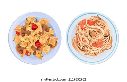 Cooked pasta dishes set. Top view of pasta with mushrooms and shrimps served on plates vector illustration