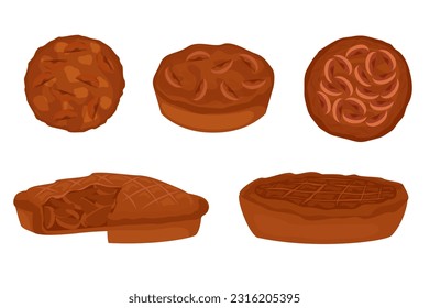 cooked pies, cooking, cooking, baking, sliced pies and whole pie illustration, vector