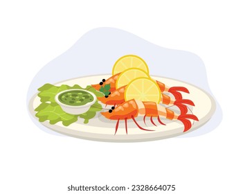 cooked prawn or shrimp with lemon slice and lettuce on plate. eat with Thai spicy seafood sauce.  Seafood . Flat vector cartoon illustration
