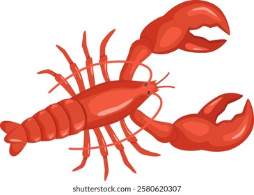 Cooked red lobster with open claws and spread legs, lying on its back, isolated on white background, ideal for seafood restaurant menu or luxury food concept