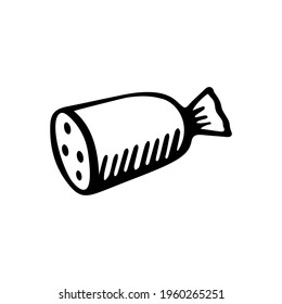 Cooked sausage for breakfast. Meat. Outline half sausage vector icon or logo for web design. Isolated illustration on white background