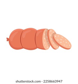 Cooked sausage vector illustration  Cartoon drawing sliced cooked sausage isolated white background  Food  meat  butchers shop concept