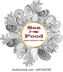 Cooked seafood on top view. Seafood vector illustration. Logo design.