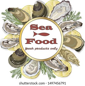 Cooked seafood on top view. Seafood vector illustration. Logo design.