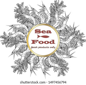 Cooked seafood on top view. Seafood vector illustration. Logo design.