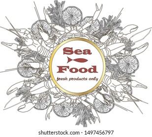 Cooked seafood on top view. Seafood vector illustration. Logo design.