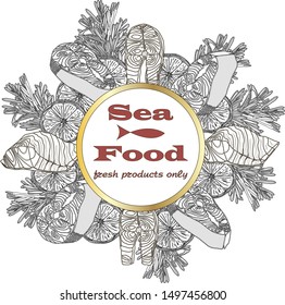 Cooked seafood on top view. Seafood vector illustration. Logo design.