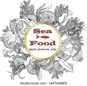 Cooked seafood on top view. Seafood vector illustration. Logo design.