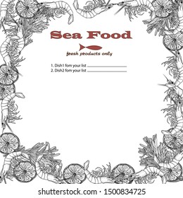 Cooked seafood on top view. Seafood vector illustration. Logo design.