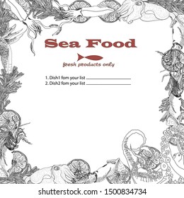 Cooked seafood on top view. Seafood vector illustration. Logo design.