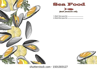 Cooked seafood on top view. Seafood vector illustration. Logo design.
