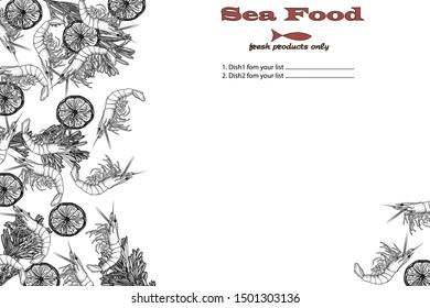 Cooked seafood on top view. Seafood vector illustration. Logo design.