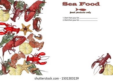 Cooked seafood on top view. Seafood vector illustration. Logo design.