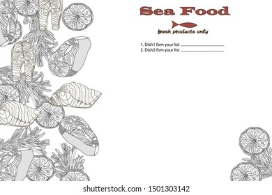 Cooked seafood on top view. Seafood vector illustration. Logo design.