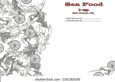 Cooked seafood on top view. Seafood vector illustration. Logo design.