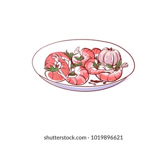 Cooked shrimp icon isolated on white background. Chinese cuisine dish label, asian restaurant menu element, famous oriental food vector illustration.