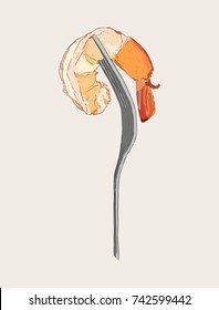 cooked shrimp on fork, hand draw sketch vector.